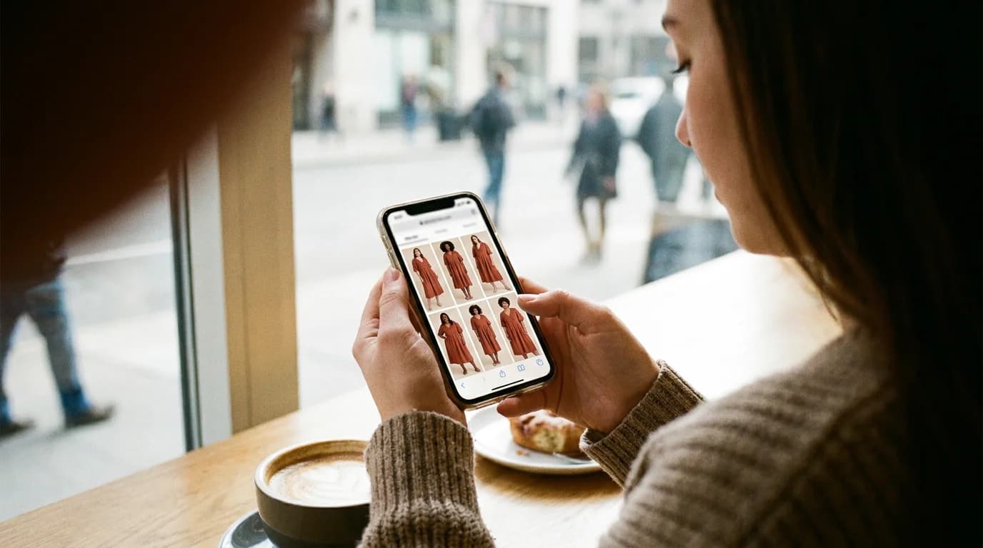 同じドレスを着た多様なAIモデルが並ぶ画面をスマホで見る買い物客
