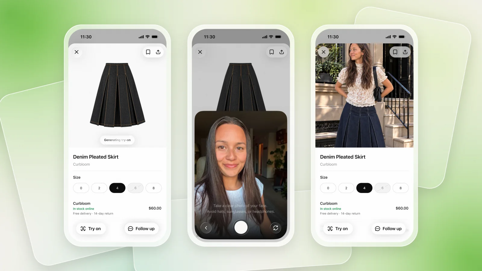 ChatGPTs Try-on-Ablauf: ein Produktangebot, das Selfie des Käufers und dann das generierte Anprobe-Ergebnis