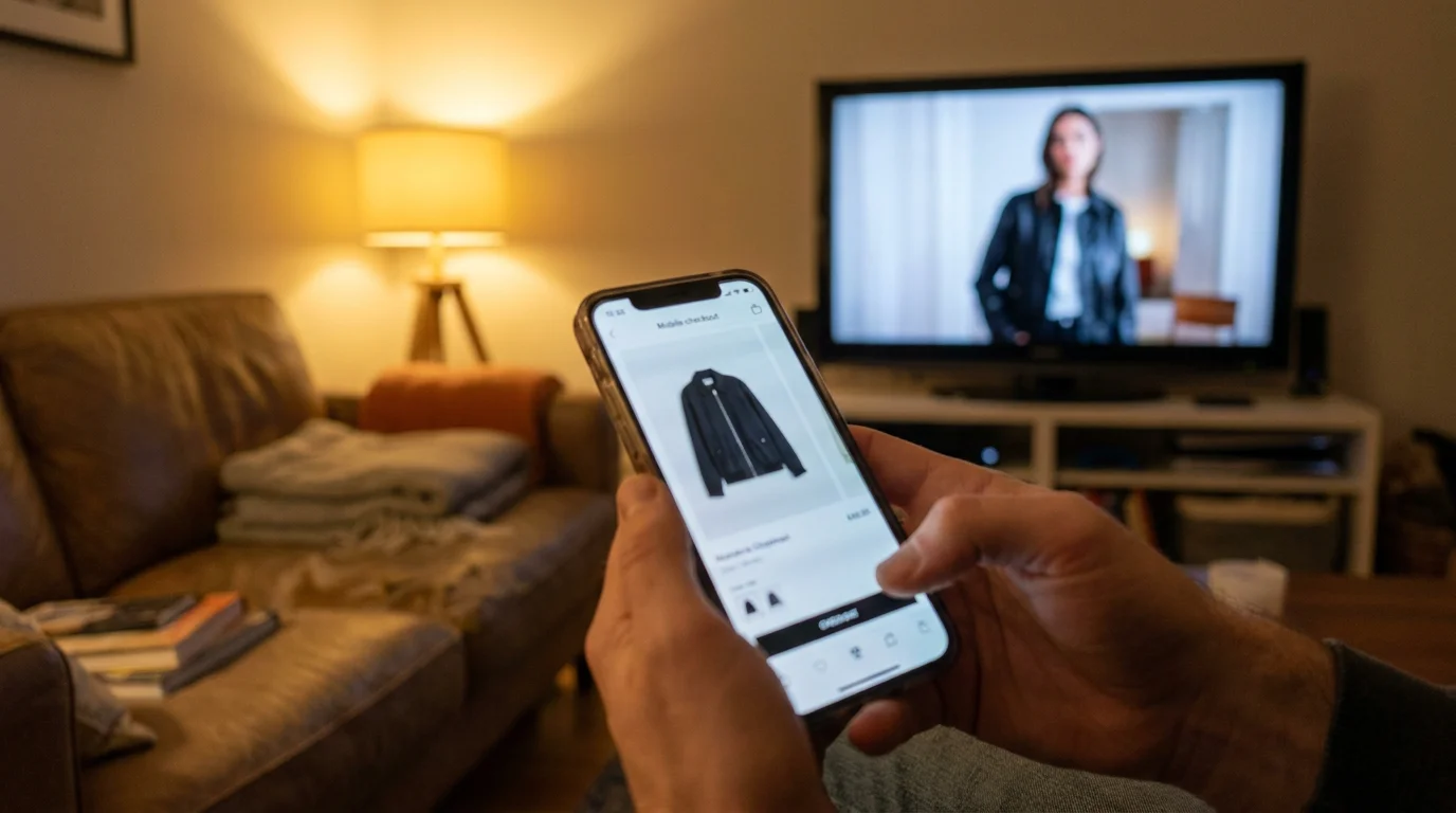 Checkout af en jakke på en telefon, mens den samme jakke afspilles i en video på tv'et