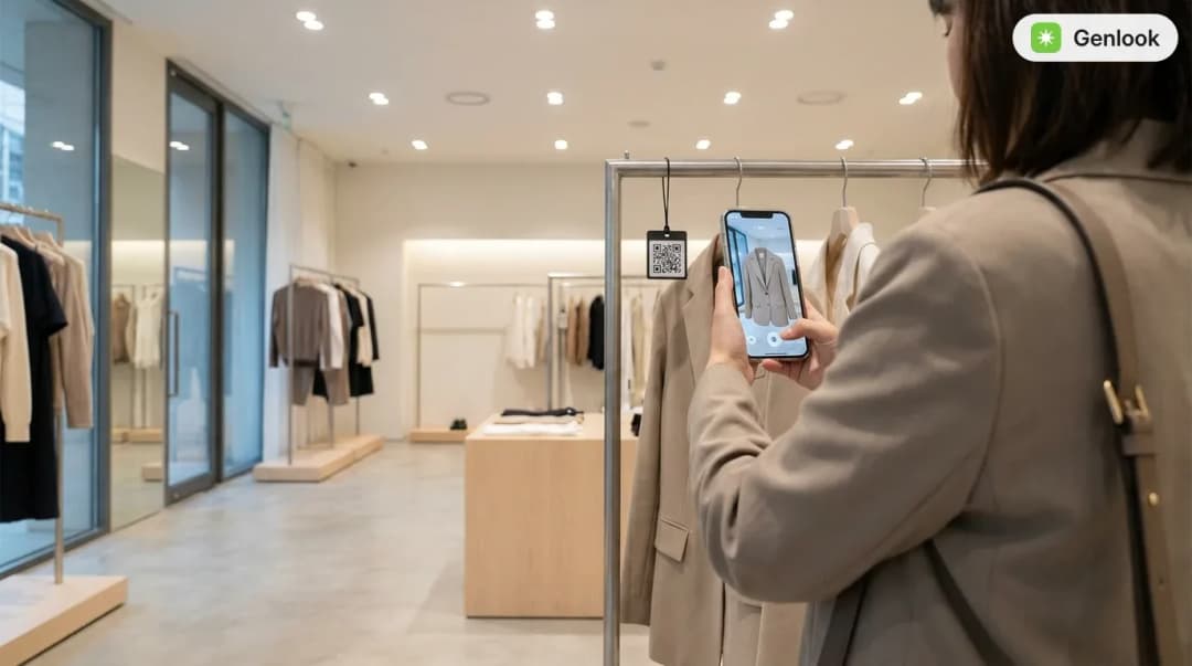 A shopper scans a QR code on a clothing rack and previews the garment on themselves