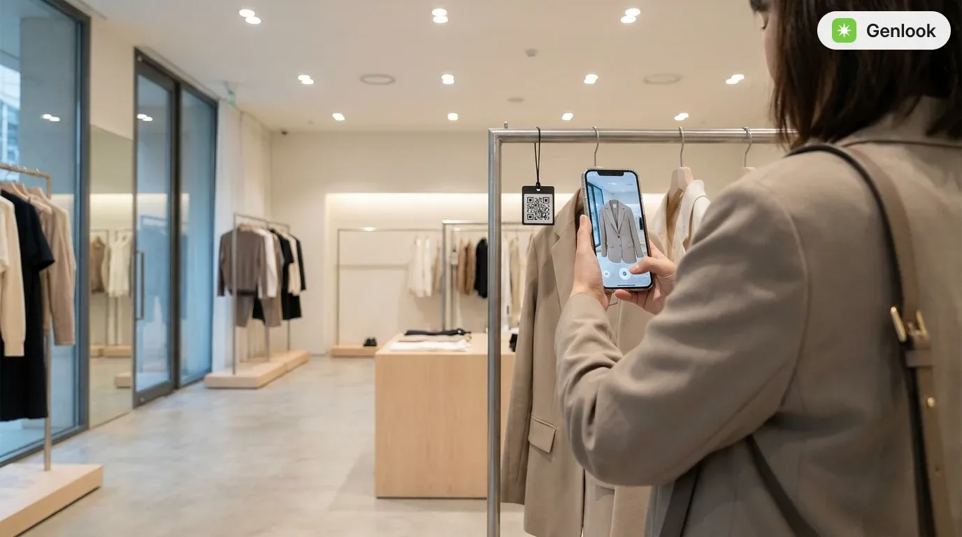 A shopper scans a QR code on a clothing rack and previews the garment on themselves