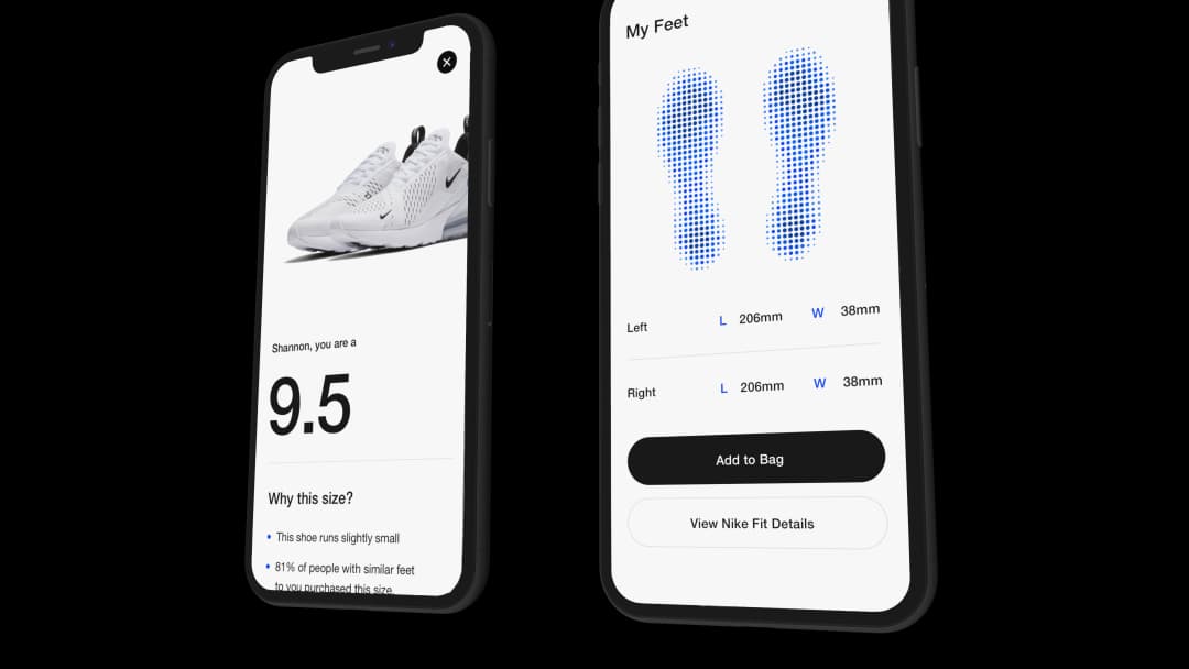 رسم توضيحي يوضح كيفية قيام Nike Fit بمسح القدم لتحديد القياسات الدقيقة واقتراح مقاس الحذاء.