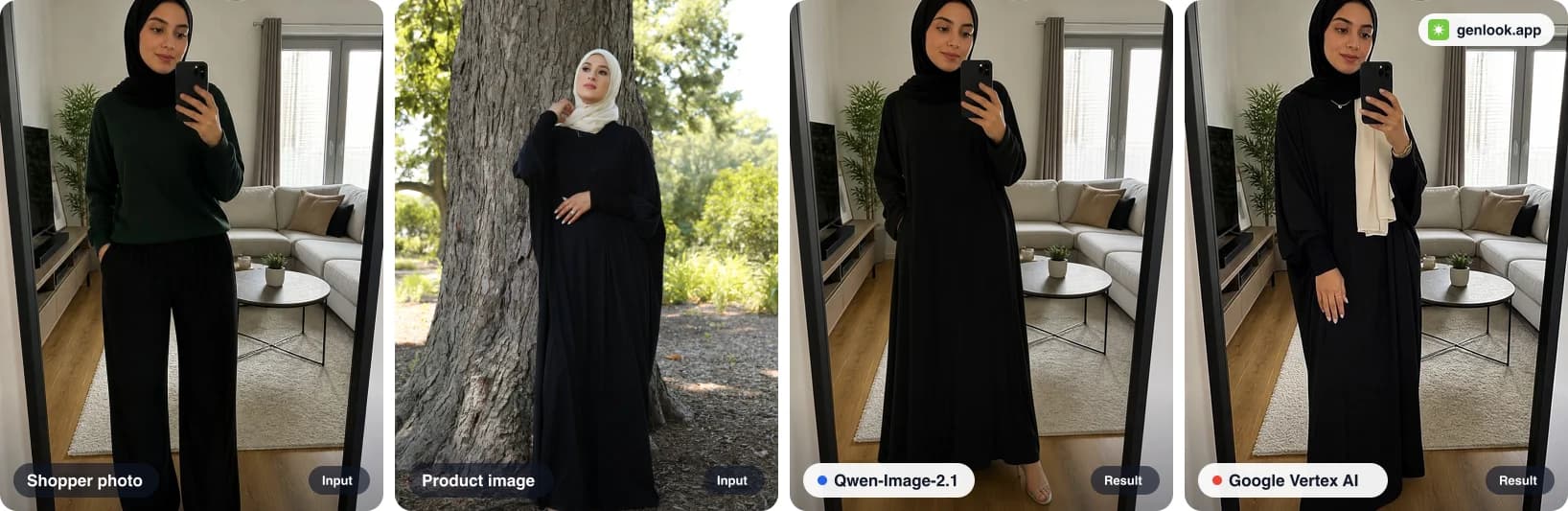 Abaya-Anprobe. Von links nach rechts: Foto der Käuferin, Produktfoto am Model mit einem cremefarbenen Schal, Ergebnis mit Qwen-Image-2.1 (verändert nur die Abaya), Ergebnis mit Google Vertex AI (fügt auch den Schal hinzu).