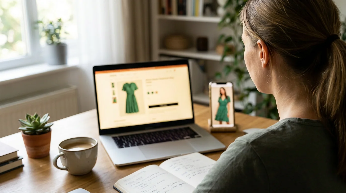 Рабочий стол продавца: страница товара WooCommerce на ноутбуке и результат ИИ-примерки на телефоне