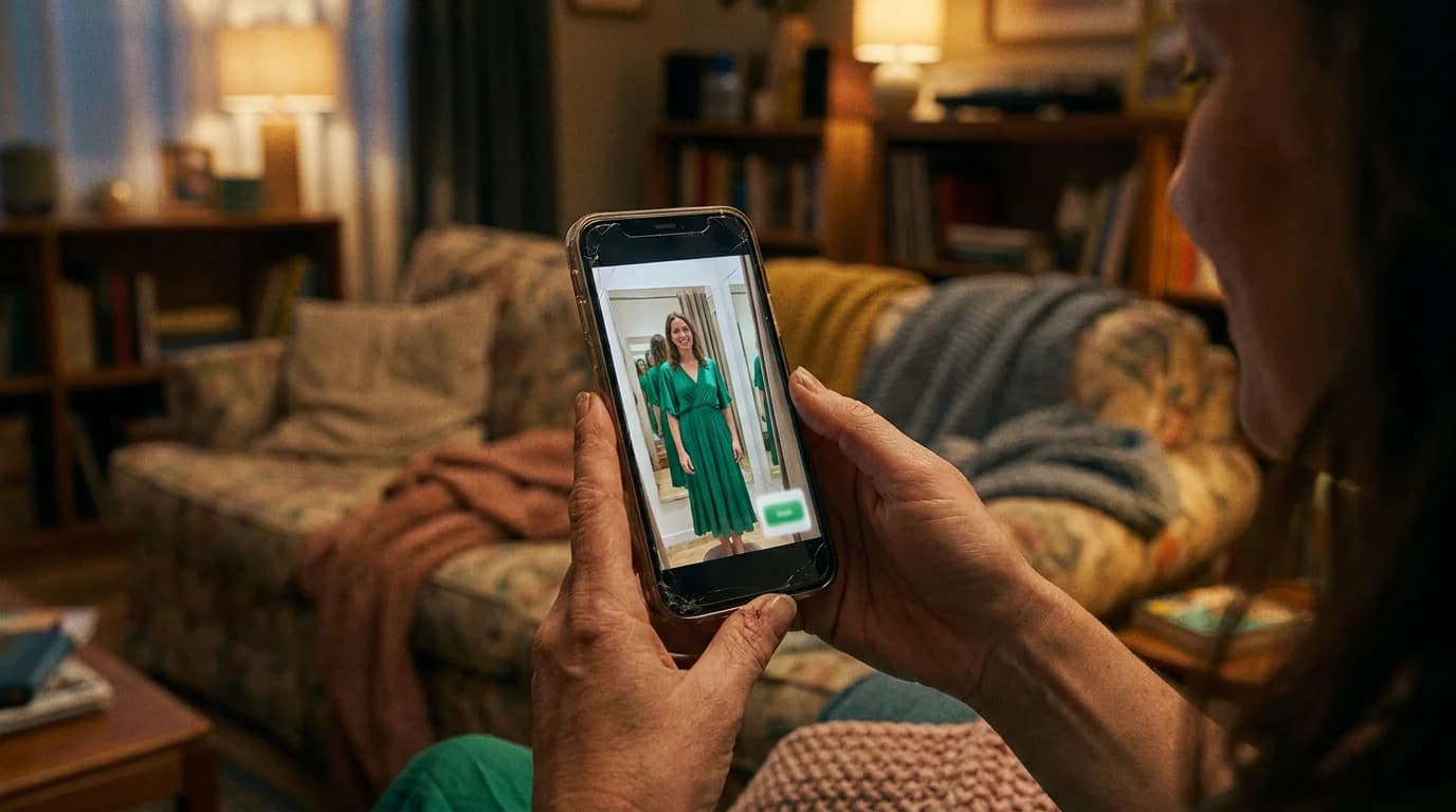 Shopper on her couch looking at an AI try-on of herself in a green dress on her phone