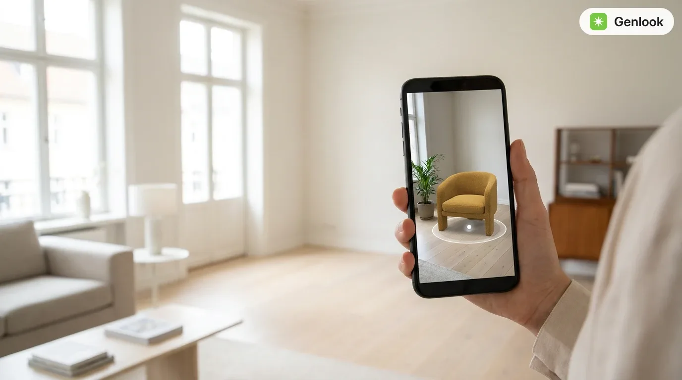En telefon, der viser en 3D-lænestol placeret i et rigtigt rum via AR