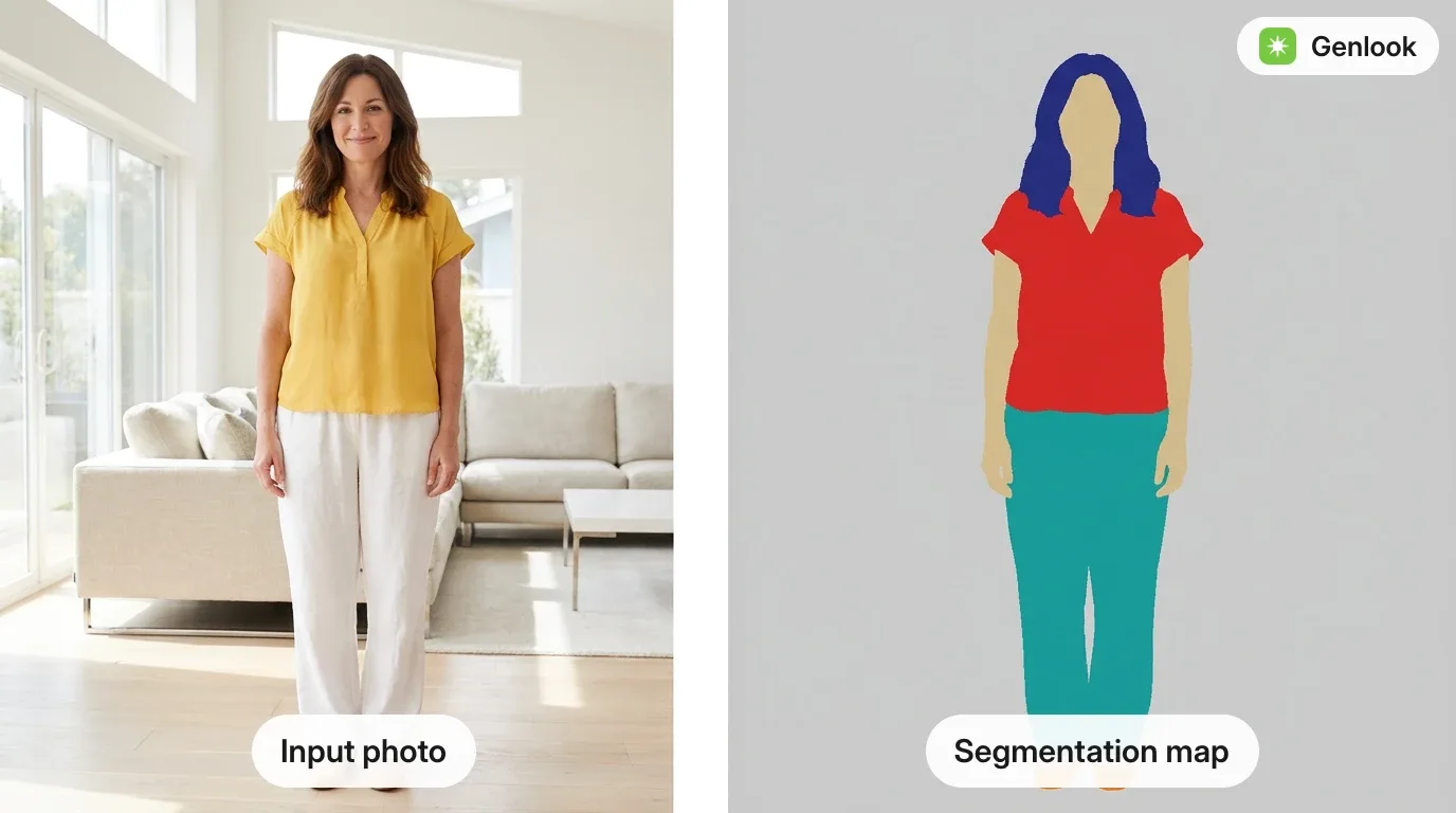 Et foto og dets segmenteringskort med farvekodede områder