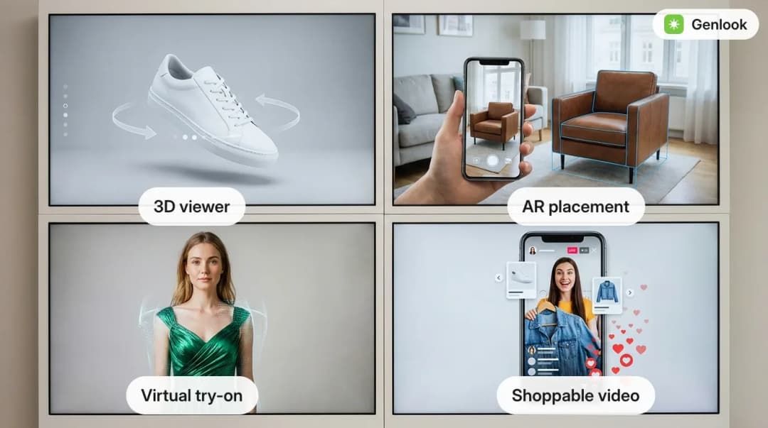 Four visual commerce formats: 3D viewer, AR placement, virtual try-on, shoppable video
