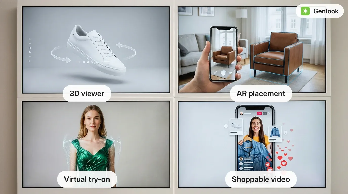 Visual commerce formats op een productpagina: 3D, video, try-on, klantfoto's