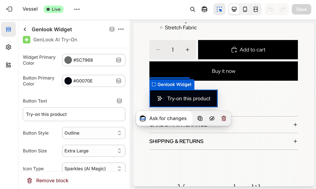 Редактор тем Shopify с выбранным блоком Genlook