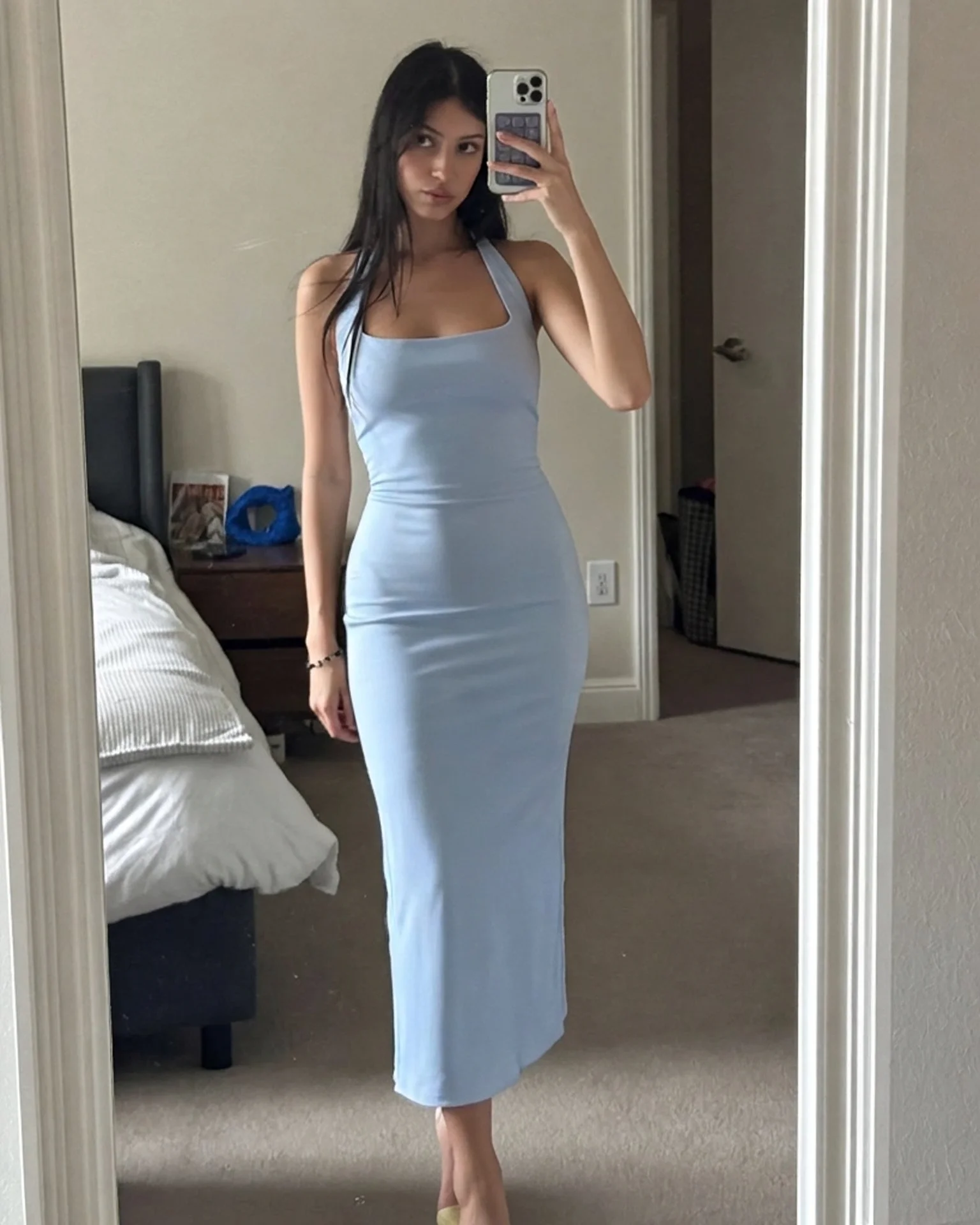 Light blue modal midaxi preserving waistline and drape — after