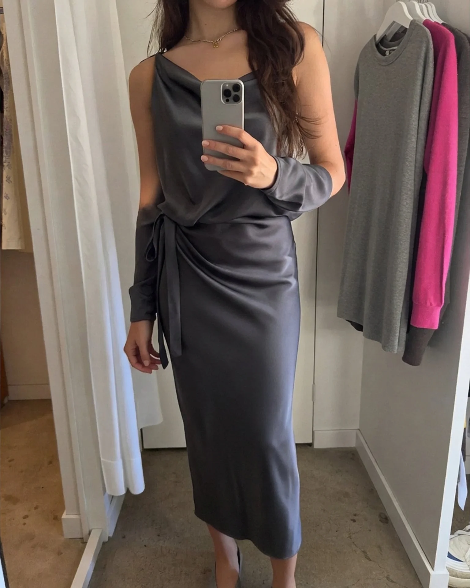 Silk evening dress with lighting matched to the catalog photo — after