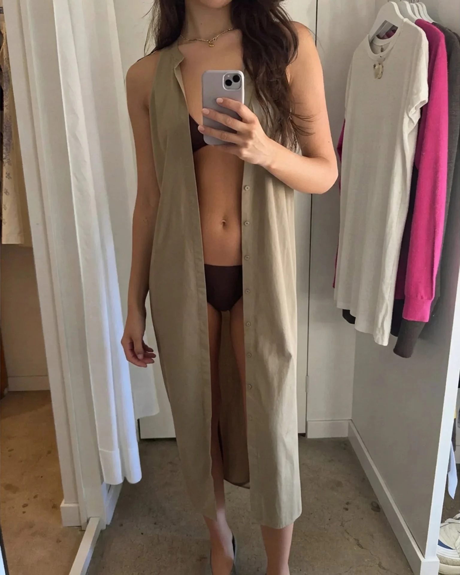 Taupe maxi dress with accurate waistline and floor-length hem — after