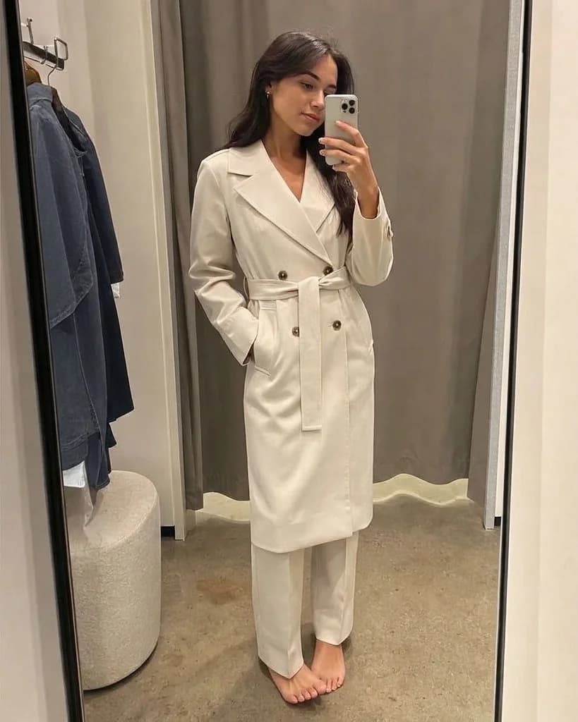 Everlane drape trench with realistic length and shoulder line — after