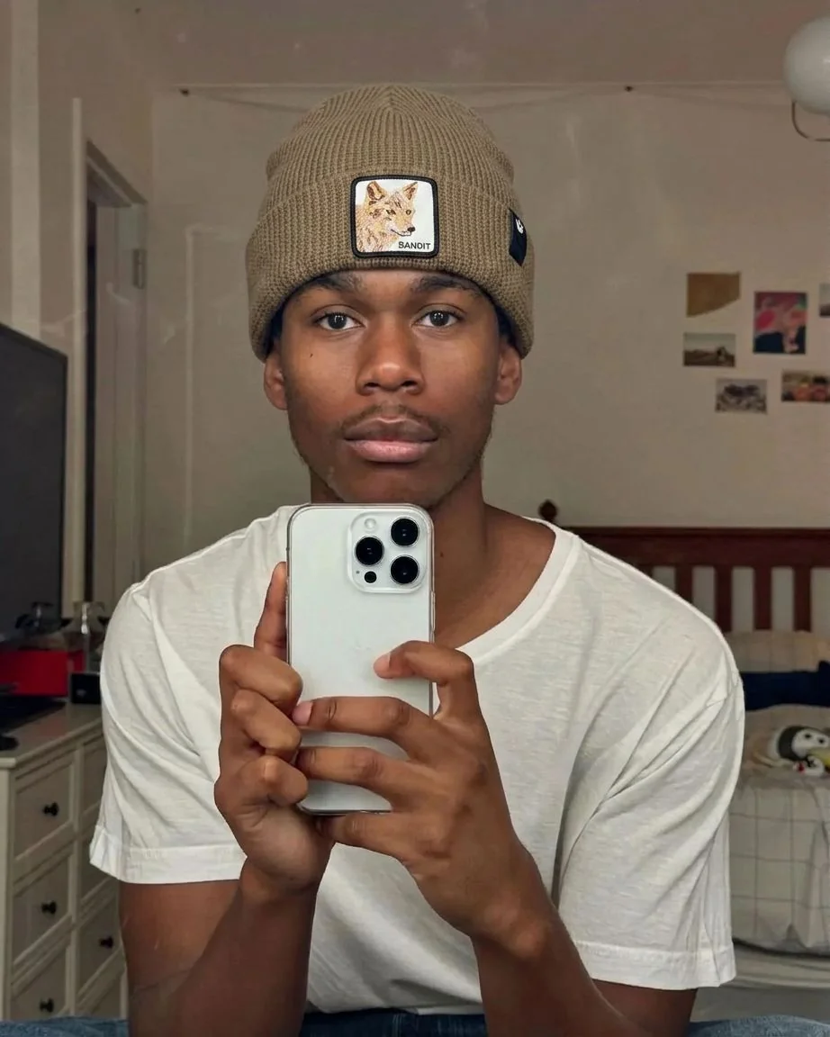 Knit beanie mapped to natural hairline — after