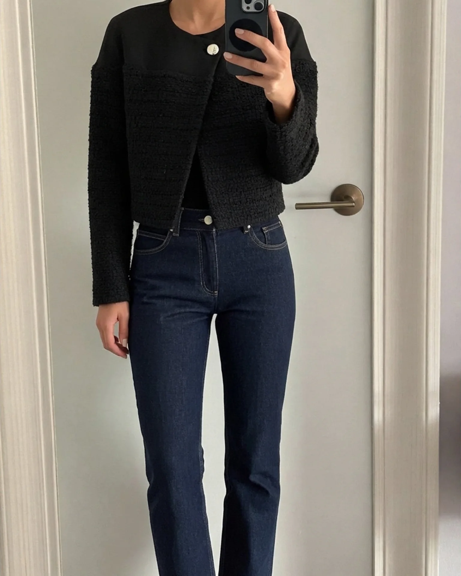 Cropped leather jacket hitting the natural waist — after