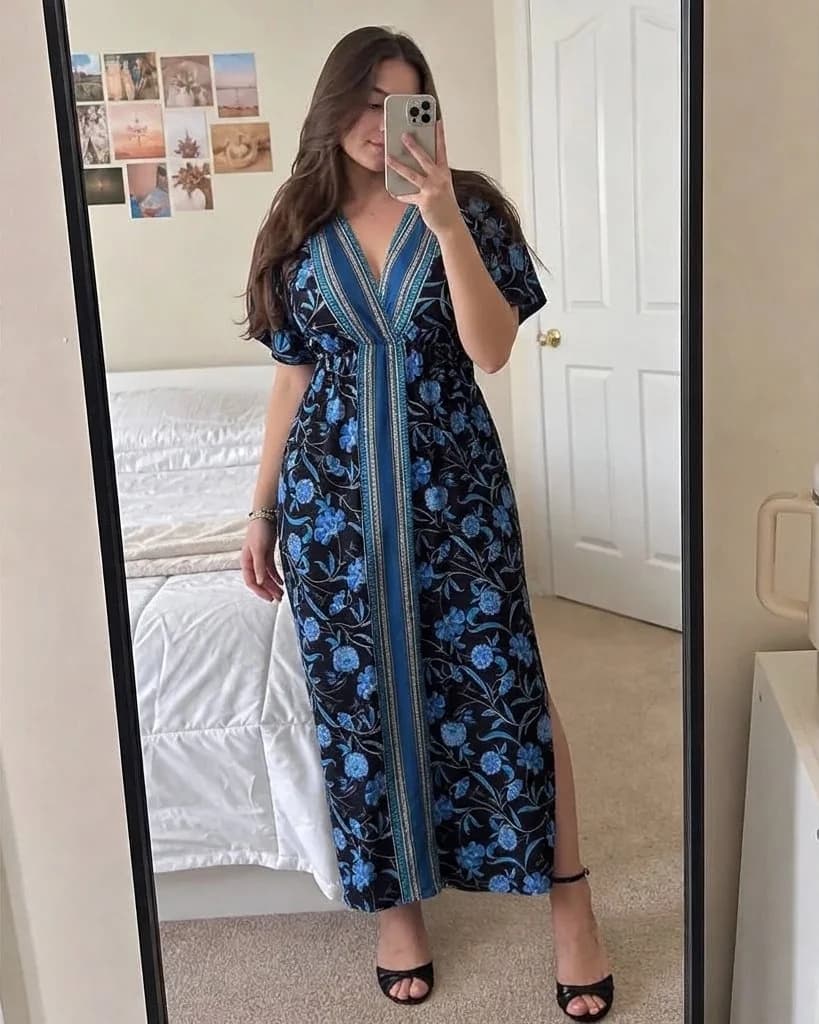 Border print maxi dress preserved without warping — after