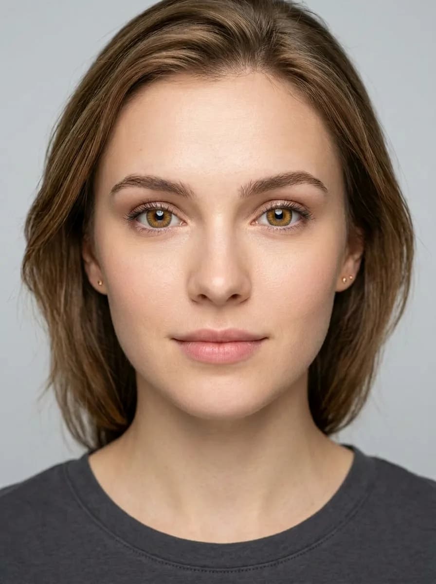 After: honey-hazel lenses rendered on her own eyes Same model wearing honey-hazel colored contact lenses