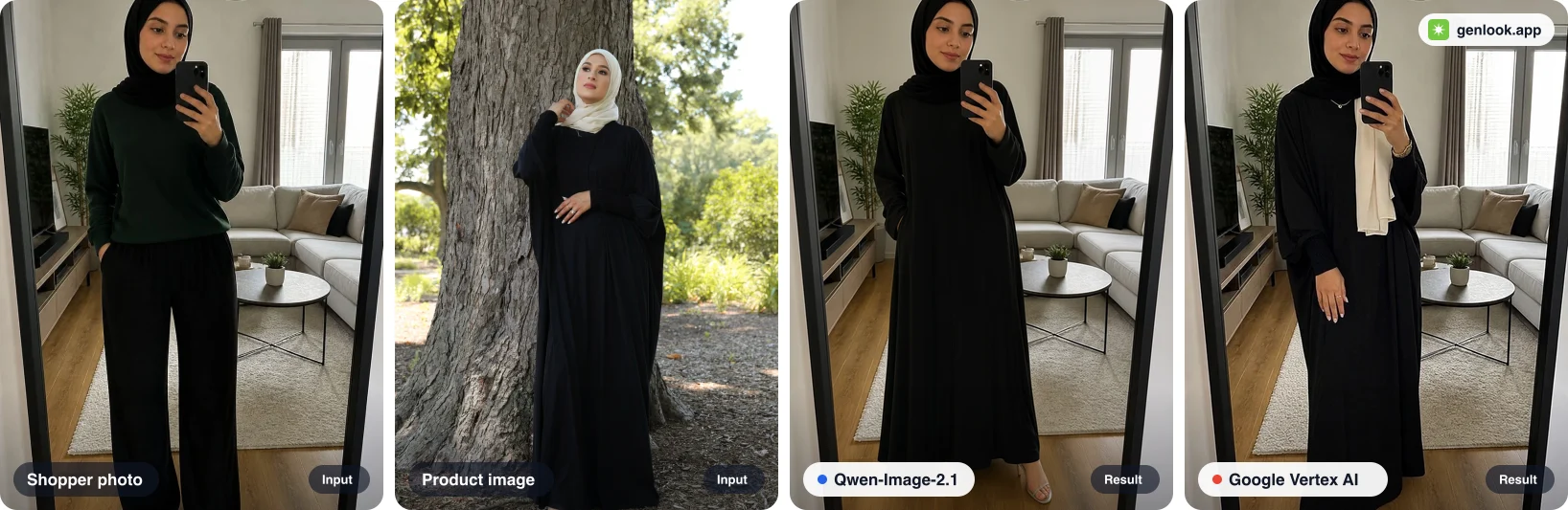 アバヤの試着。左から:購入者の写真、クリーム色のスカーフをまとったモデル着用商品画像、アバヤのみを変更したQwen-Image-2.1の結果、スカーフも追加してしまったGoogle Vertex AIの結果。