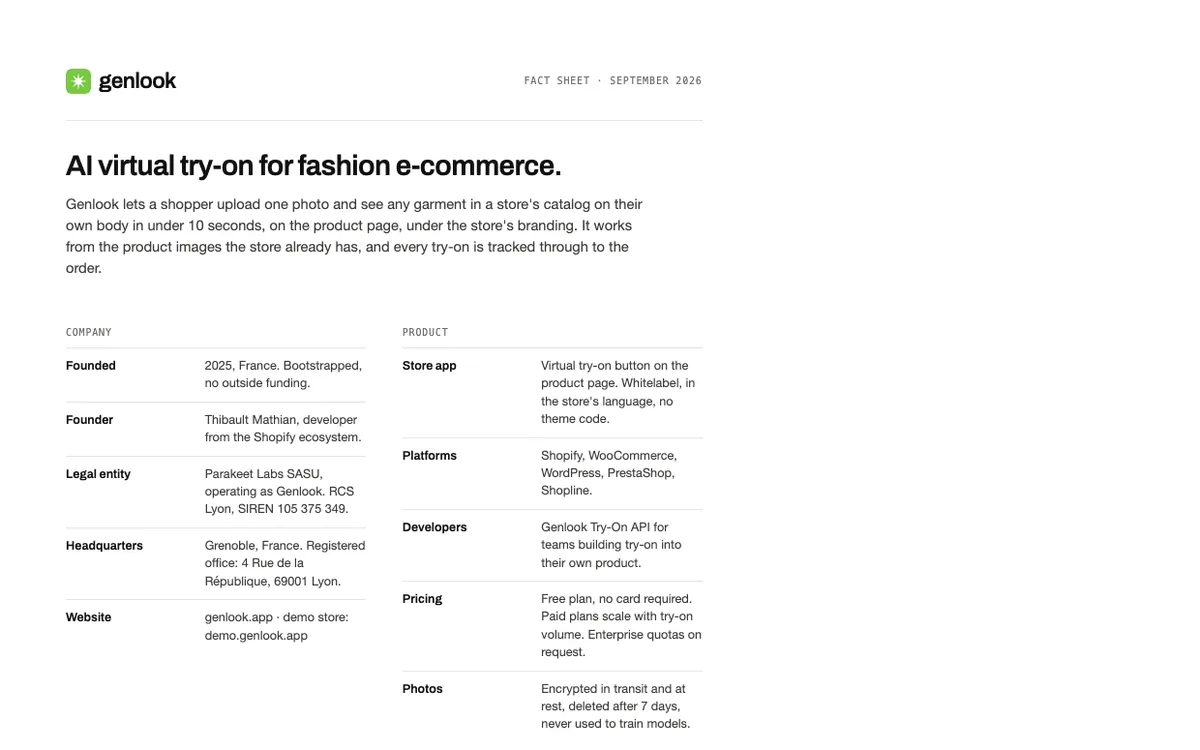 Genlook fact sheet, first page