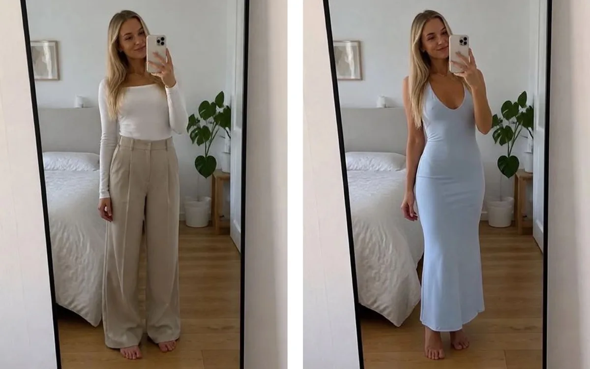 A shopper photo next to the same shopper wearing a summer midi dress generated by Genlook