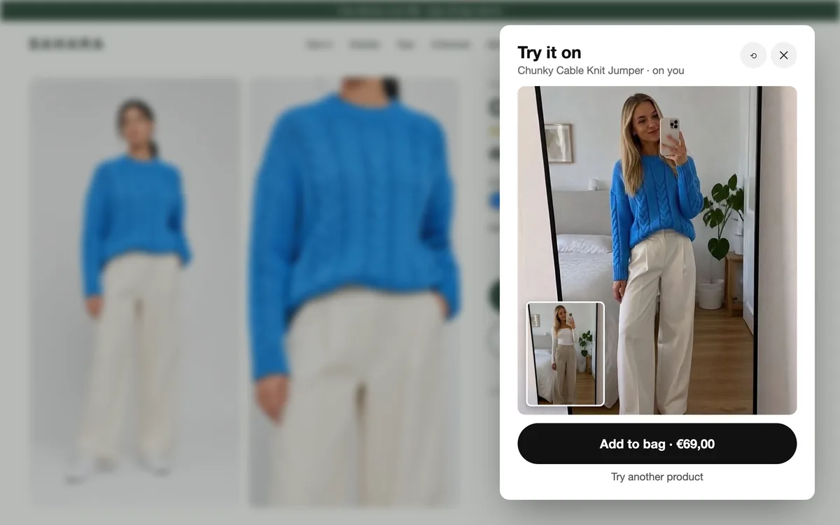 Genlook try-on panel open on a product page, showing a blue cable knit jumper on the shopper